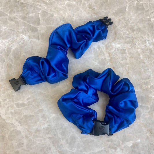 Best hair tie elastics and scrunchie hair accessories for snag-free, pull-free, rip-free, hair. Smooth, effortless hair ties and hair scrunchies for athletes, active moms, fitness, & sports. Buckle Scrunchie - Vibrant Solid Colors - No Snagging, No Tangles Bluest Blue Recycled Satin Standard (1.25 to 1.5 inch thickness)