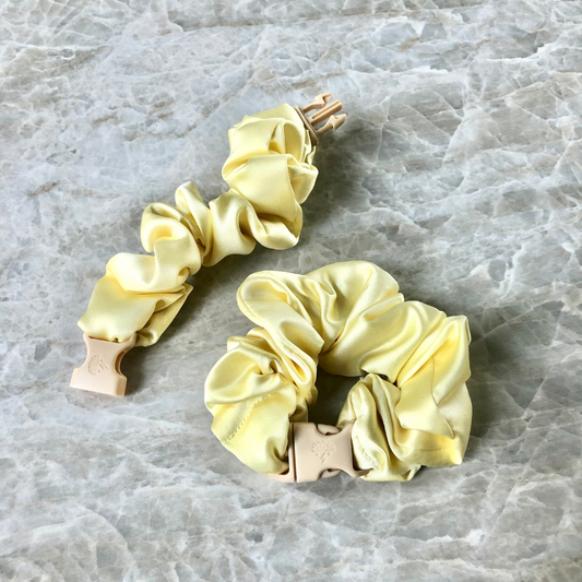 Best hair tie elastics and scrunchie hair accessories for snag-free, pull-free, rip-free, hair. Smooth, effortless hair ties and hair scrunchies for athletes, active moms, fitness, & sports. Buckle Scrunchie - Vibrant Solid Colors - No Snagging, No Tangles Butter Yellow Recycled Satin Standard (1.25 to 1.5 inch thickness)