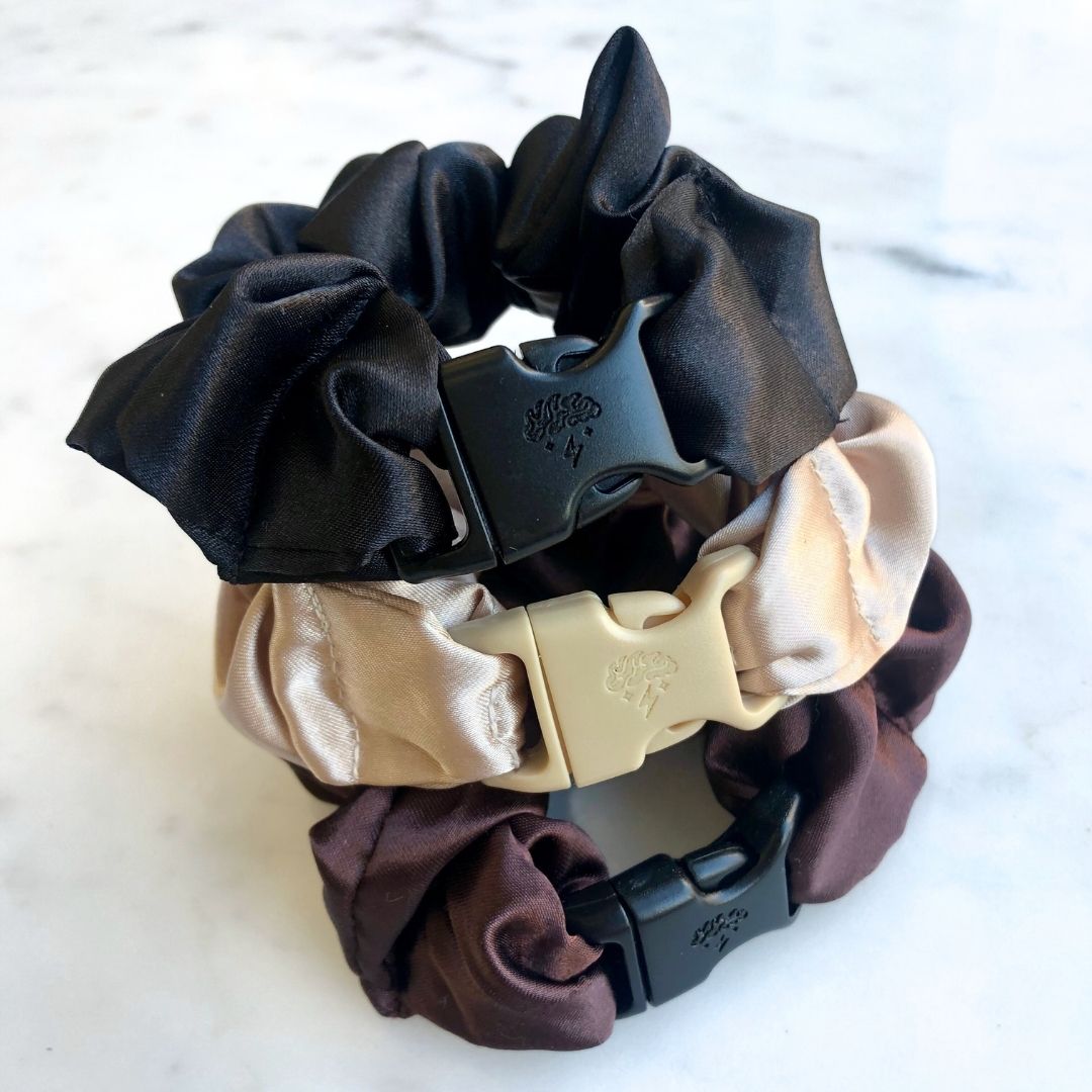Best zero tangle no pull hair tie elastics and scrunchie hair accessories for snag-free, pull-free, rip-free, hair. Smooth, effortless hair ties and hair scrunchies for athletes, active moms, fitness, & sports. Neutrals Starter Pack - 3-Pack Buckle Scrunchies Bundle - No Snagging, No Tangles Multi Recycled Satin Standard (1.25 to 1.5 inch thickness)