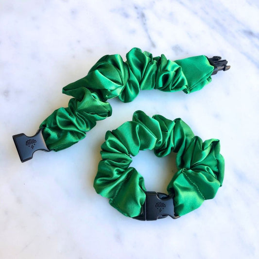 Best hair tie elastics and scrunchie hair accessories for snag-free, pull-free, rip-free, hair. Smooth, effortless hair ties and hair scrunchies for athletes, active moms, fitness, & sports. Buckle Scrunchie - Vibrant Solid Colors - No Snagging, No Tangles Green Apple Recycled Satin Standard (1.25 to 1.5 inch thickness)