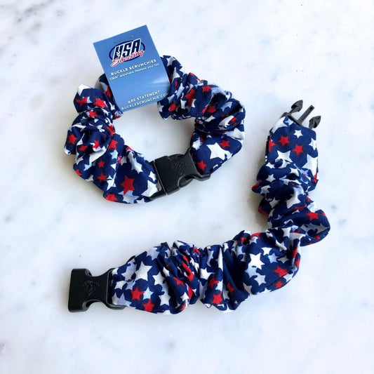 Best hair tie elastics and scrunchie hair accessories for snag-free, pull-free, rip-free, hair. Smooth, effortless hair ties and hair scrunchies for athletes, active moms, fitness, & sports. Team USA "Shooting" Stars Patriotic Buckle Scrunchie - No Snagging, No Tangles