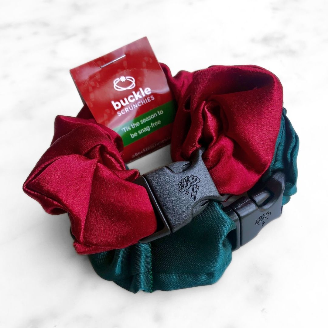Best hair tie elastics and scrunchie hair accessories for snag-free, pull-free, rip-free, hair. Smooth, effortless hair ties and hair scrunchies for athletes, active moms, fitness, & sports. Holly Duo - 2-Pack Christmas Holiday Buckle Scrunchies - No Snagging, No Tangles Satin Standard (1.25 to 1.5 inch thickness)