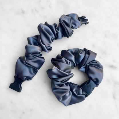 Best zero tangle no pull hair tie elastics and scrunchie hair accessories for snag-free, pull-free, rip-free, hair. Smooth, effortless hair ties and hair scrunchies for athletes, active moms, fitness, & sports. Buckle Scrunchie - Neutral Colors - No Snagging, No Tangles Space Gray Recycled Satin Standard (1.25 to 1.5 inch thickness)