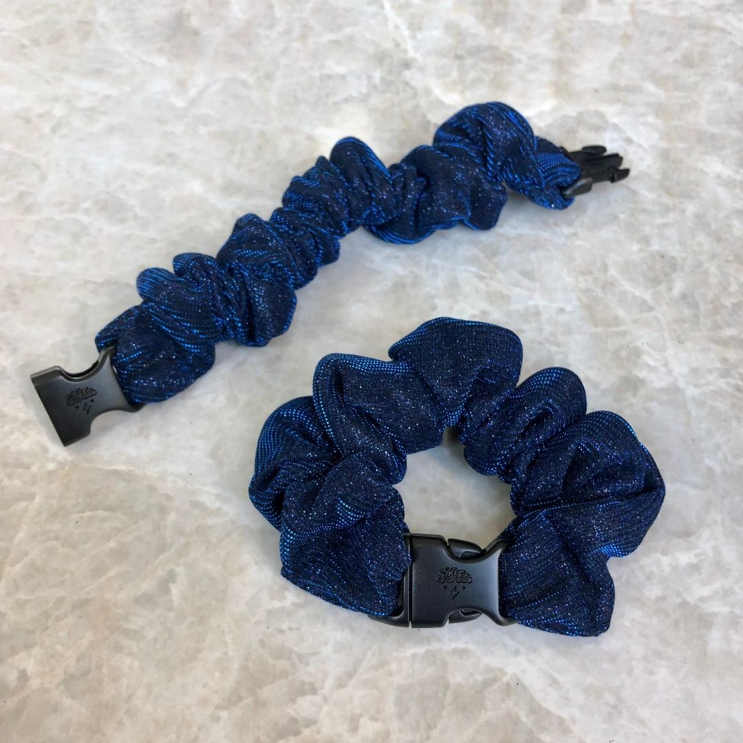 Best hair tie elastics and scrunchie hair accessories for snag-free, pull-free, rip-free, hair. Smooth, effortless hair ties and hair scrunchies for athletes, active moms, fitness, & sports. Starlight Blue Buckle Scrunchie - No Snagging, No Tangles Starlight Blue Recycled Polyblend Standard (1.25 to 1.5 inch thickness)