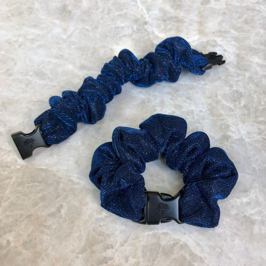 Best hair tie elastics and scrunchie hair accessories for snag-free, pull-free, rip-free, hair. Smooth, effortless hair ties and hair scrunchies for athletes, active moms, fitness, & sports. Starlight Blue Buckle Scrunchie - No Snagging, No Tangles Starlight Blue Recycled Polyblend Standard (1.25 to 1.5 inch thickness)