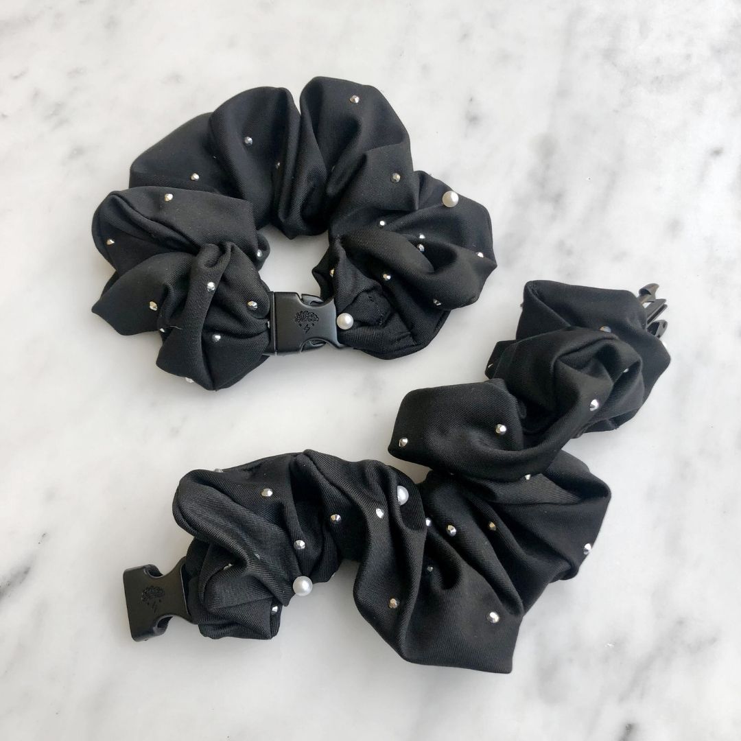 Best hair tie elastics and scrunchie hair accessories for snag-free, pull-free, rip-free, hair. Smooth, effortless hair ties and hair scrunchies for athletes, active moms, fitness, & sports. Studded Goth Black Jumbo Buckle Scrunchie - No Snagging, No Tangles Goth Black Recycled Nylon Jumbo (2 to 2.5 inch thickness)