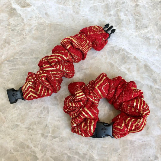 Best hair tie elastics and scrunchie hair accessories for snag-free, pull-free, rip-free, hair. Smooth, effortless hair ties and hair scrunchies for athletes, active moms, fitness, & sports. Merry & Bright Red Holiday Buckle Scrunchie - No Snagging, No Tangles Merry & Bright Red Recycled Polyblend Standard (1.25 to 1.5 inch thickness)
