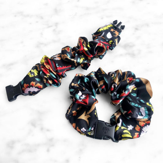 Best hair tie elastics and scrunchie hair accessories for snag-free, pull-free, rip-free, hair. Smooth, effortless hair ties and hair scrunchies for athletes, active moms, fitness, & sports. Mariposa Paisley Buckle Scrunchie - Día de los Muertos, Fall, Halloween - No Snagging, No Tangles Mariposa Paisley
