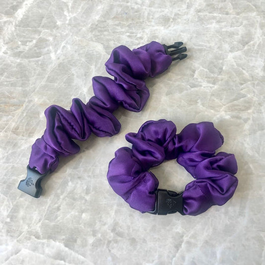 Best hair tie elastics and scrunchie hair accessories for snag-free, pull-free, rip-free, hair. Smooth, effortless hair ties and hair scrunchies for athletes, active moms, fitness, & sports. Buckle Scrunchie - Vibrant Solid Colors - No Snagging, No Tangles Ultraviolet Purple Recycled Satin Standard (1.25 to 1.5 inch thickness)