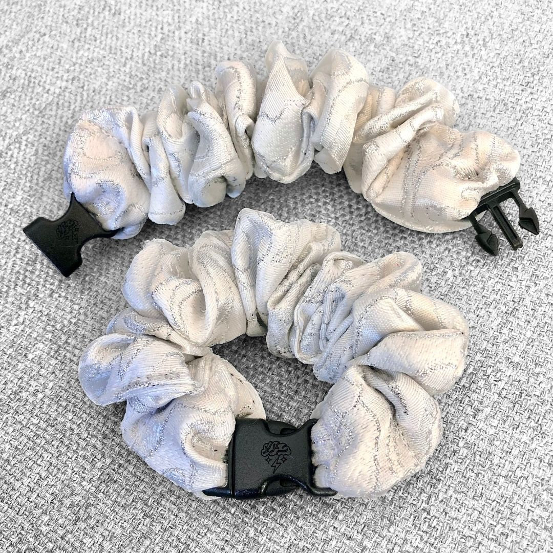 Best hair tie elastics and scrunchie hair accessories for snag-free, pull-free, rip-free, hair. Smooth, effortless hair ties and hair scrunchies for athletes, active moms, fitness, & sports. Angel White Sparkles Buckle Scrunchie - No Snagging, No Tangles Angel White Recycled Polyblend Standard (1.25 to 1.5 inch thickness)