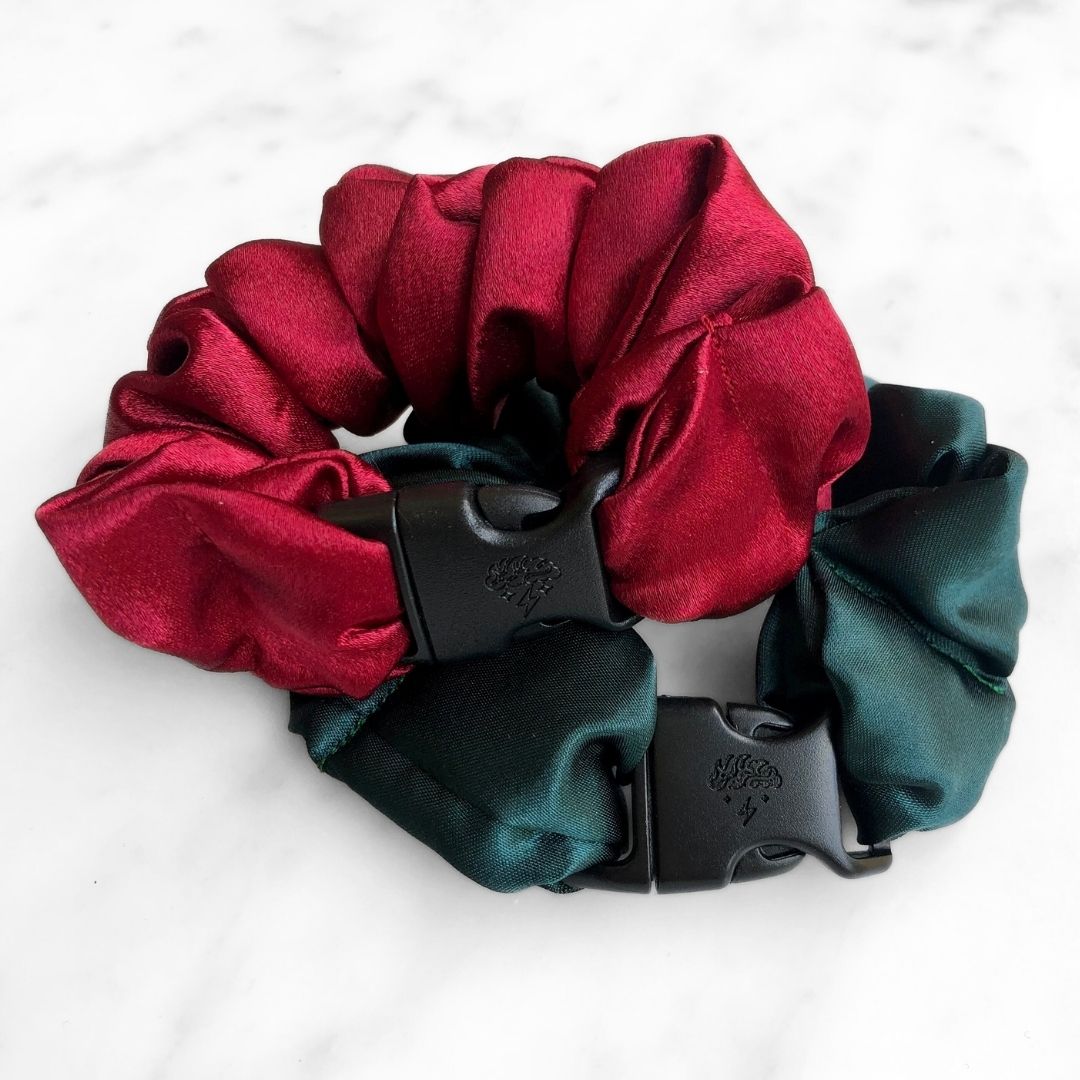Best hair tie elastics and scrunchie hair accessories for snag-free, pull-free, rip-free, hair. Smooth, effortless hair ties and hair scrunchies for athletes, active moms, fitness, & sports. Holly Duo - 2-Pack Christmas Holiday Buckle Scrunchies - No Snagging, No Tangles Satin Standard (1.25 to 1.5 inch thickness)
