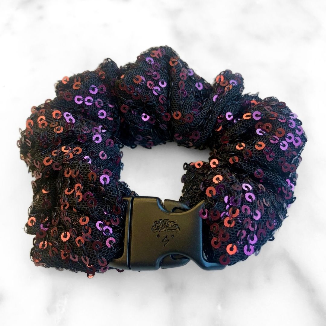 Best hair tie elastics and scrunchie hair accessories for snag-free, pull-free, rip-free, hair. Smooth, effortless hair ties and hair scrunchies for athletes, active moms, fitness, & sports. Punk Fuchsia Sequin Buckle Scrunchie - No Snagging, No Tangles