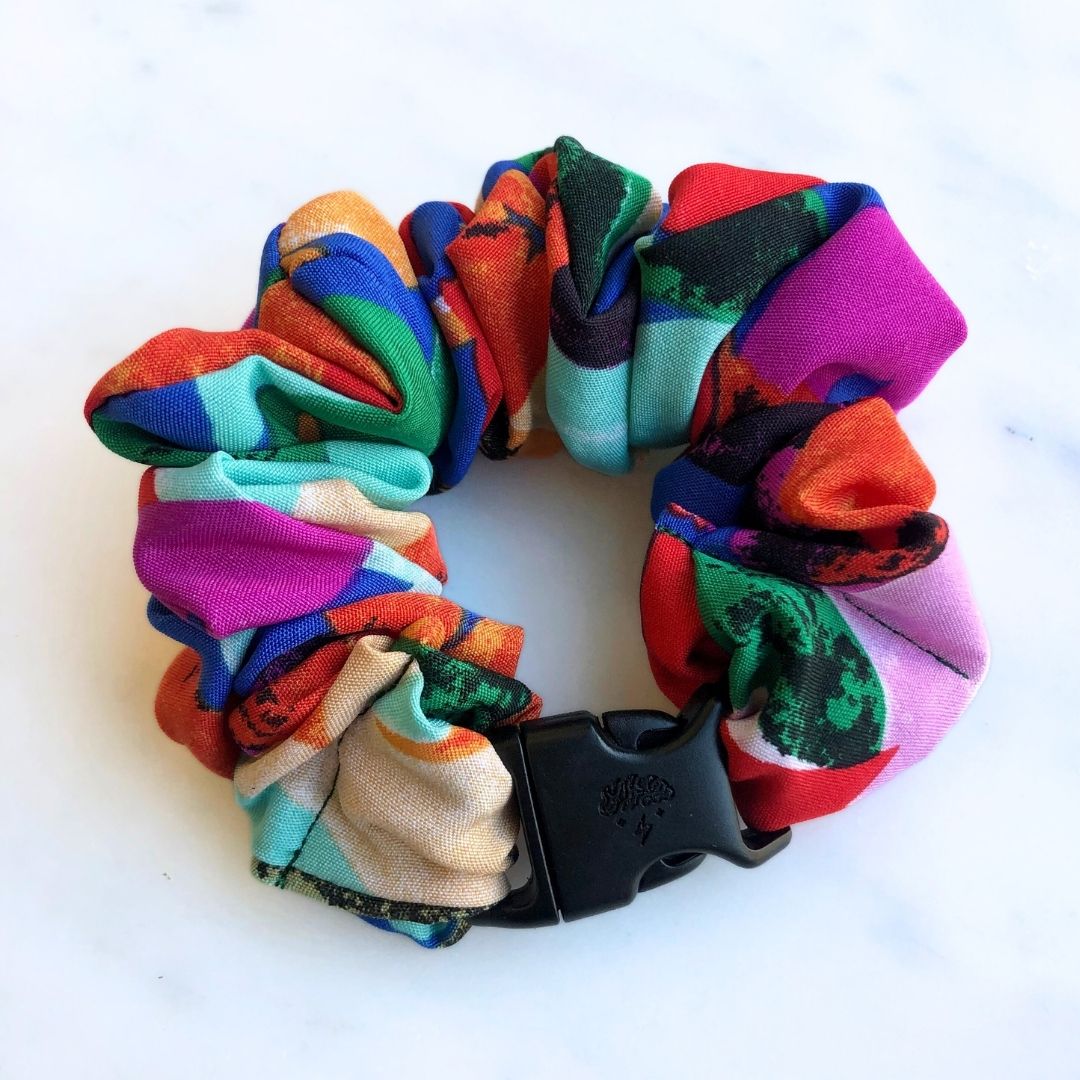 Best hair tie elastics and scrunchie hair accessories for snag-free, pull-free, rip-free, hair. Smooth, effortless hair ties and hair scrunchies for athletes, active moms, fitness, & sports. Tropical Floral Buckle Scrunchie - No Snagging, No Tangles