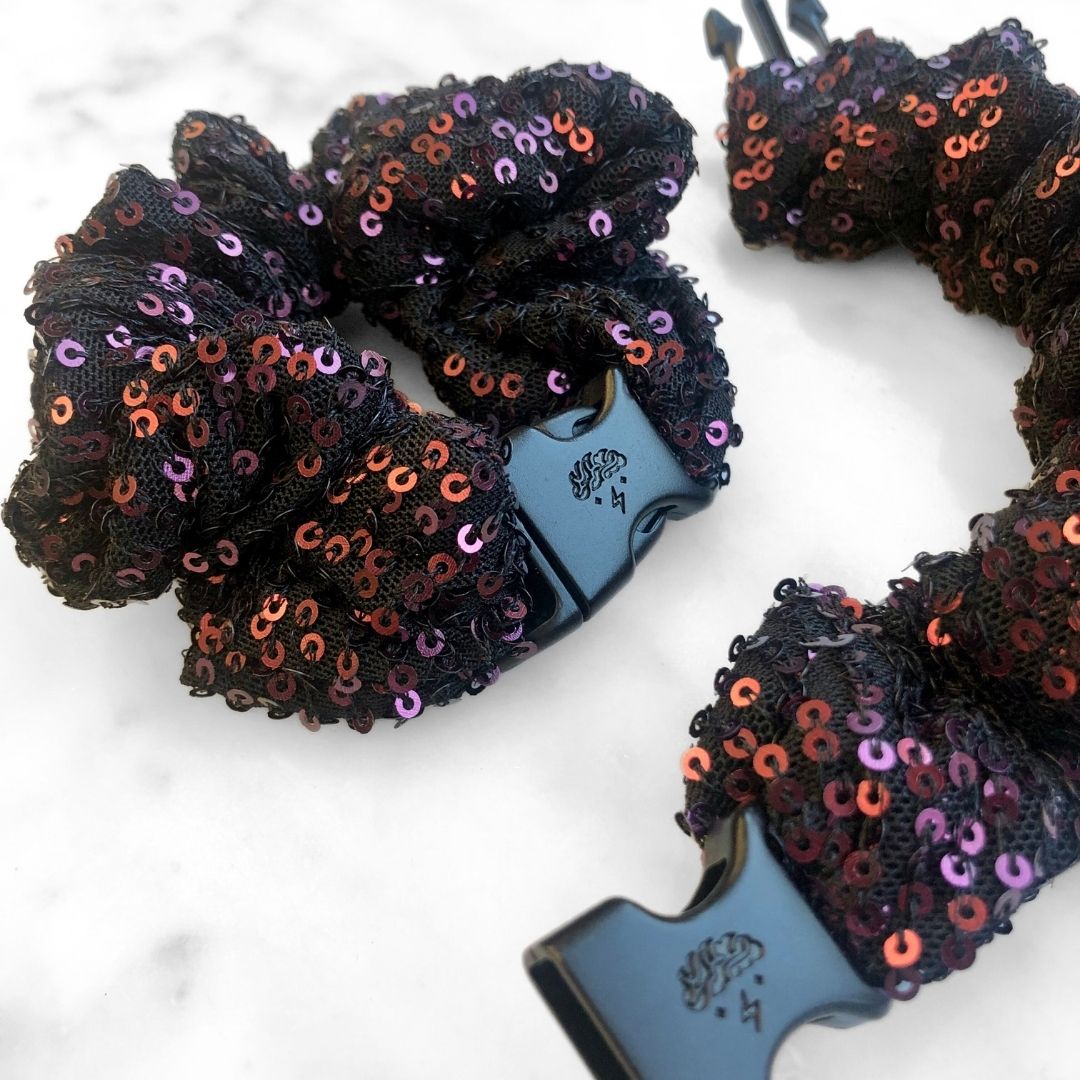 Best hair tie elastics and scrunchie hair accessories for snag-free, pull-free, rip-free, hair. Smooth, effortless hair ties and hair scrunchies for athletes, active moms, fitness, & sports. Punk Fuchsia Sequin Buckle Scrunchie - No Snagging, No Tangles