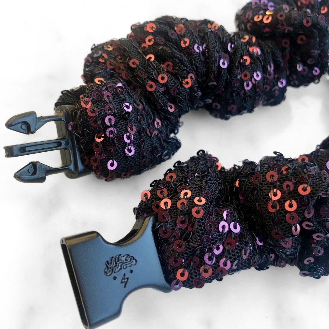 Best hair tie elastics and scrunchie hair accessories for snag-free, pull-free, rip-free, hair. Smooth, effortless hair ties and hair scrunchies for athletes, active moms, fitness, & sports. Punk Fuchsia Sequin Buckle Scrunchie - No Snagging, No Tangles