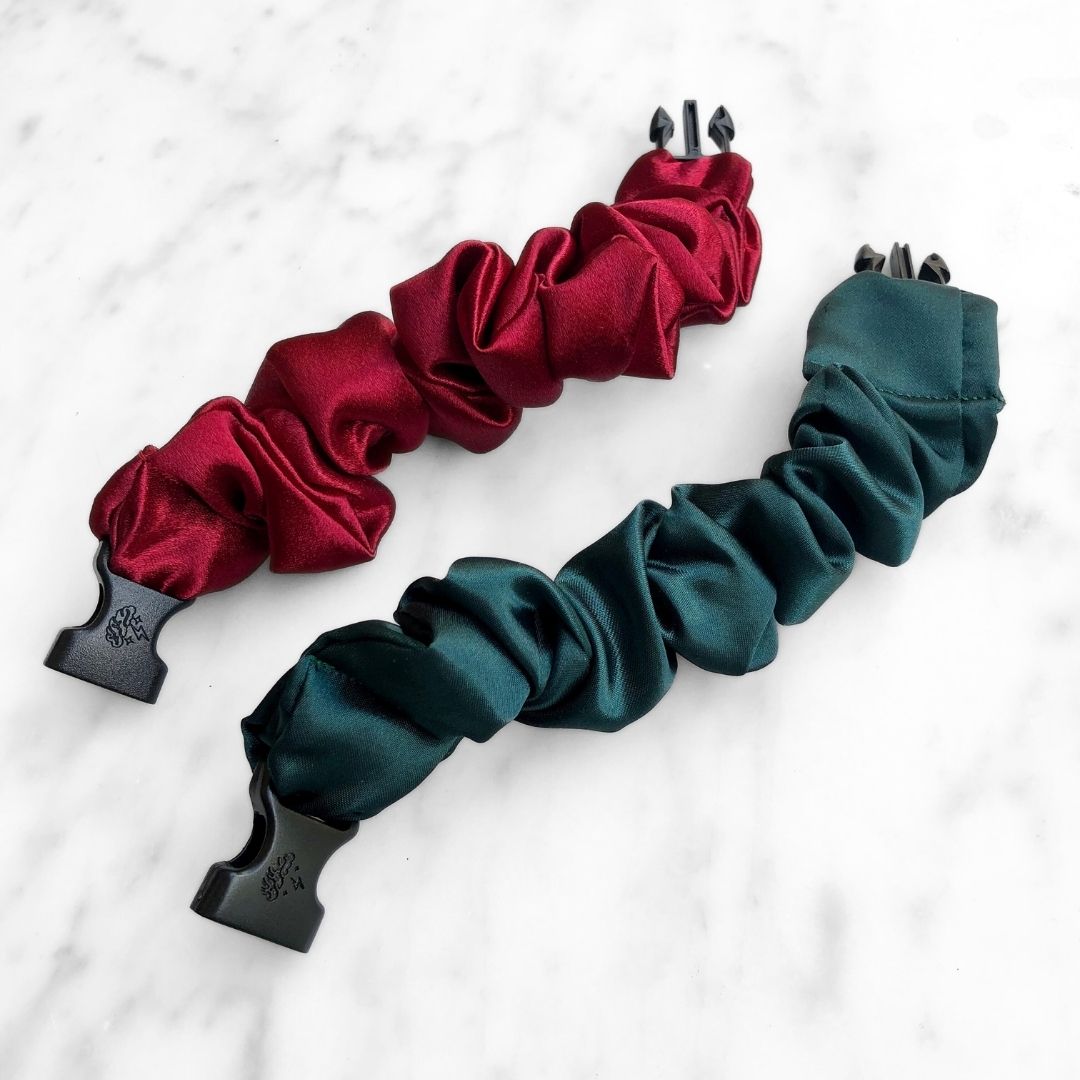Best hair tie elastics and scrunchie hair accessories for snag-free, pull-free, rip-free, hair. Smooth, effortless hair ties and hair scrunchies for athletes, active moms, fitness, & sports. Holly Duo - 2-Pack Christmas Holiday Buckle Scrunchies - No Snagging, No Tangles