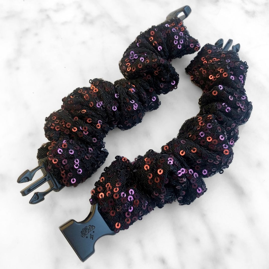 Best hair tie elastics and scrunchie hair accessories for snag-free, pull-free, rip-free, hair. Smooth, effortless hair ties and hair scrunchies for athletes, active moms, fitness, & sports. Punk Fuchsia Sequin Buckle Scrunchie - No Snagging, No Tangles