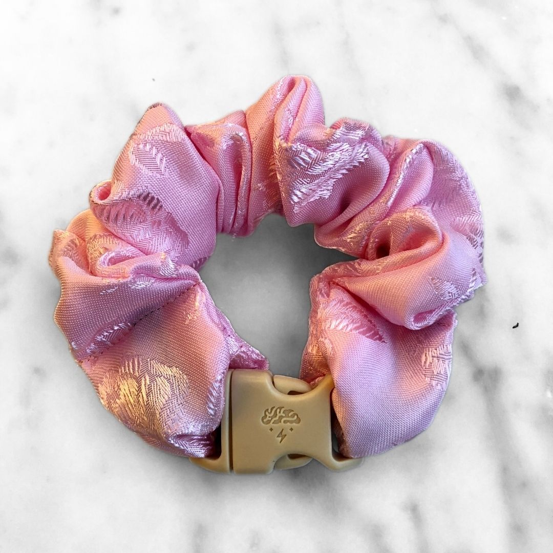 Best zero tangle no pull hair tie elastics and scrunchie hair accessories for snag-free, pull-free, rip-free, hair. Smooth, effortless hair ties and hair scrunchies for athletes, active moms, fitness, & sports. Empress Pink Buckle Scrunchie - Lunar New Year Áo Dài - No Snagging, No Tangles