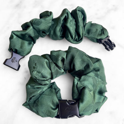 Best zero tangle no pull hair tie elastics and scrunchie hair accessories for snag-free, pull-free, rip-free, hair. Smooth, effortless hair ties and hair scrunchies for athletes, active moms, fitness, & sports. Vine Green Floral Buckle Scrunchie - No Snagging, No Tangles