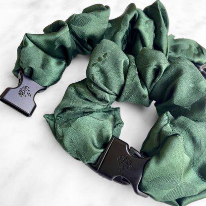 Best zero tangle no pull hair tie elastics and scrunchie hair accessories for snag-free, pull-free, rip-free, hair. Smooth, effortless hair ties and hair scrunchies for athletes, active moms, fitness, & sports. Vine Green Floral Buckle Scrunchie - No Snagging, No Tangles