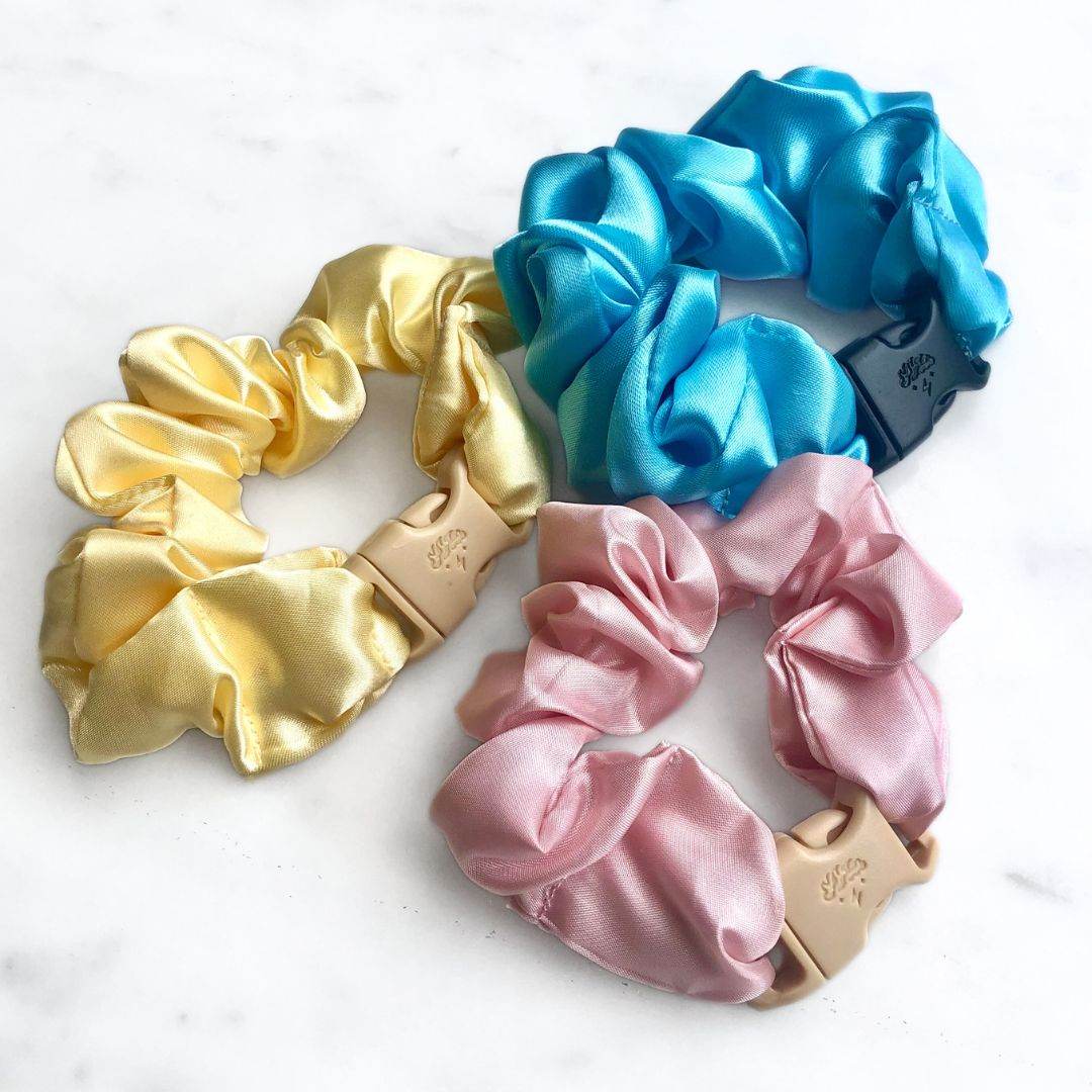 Best hair tie elastics and scrunchie hair accessories for snag-free, pull-free, rip-free, hair. Smooth, effortless hair ties and hair scrunchies for athletes, active moms, fitness, & sports. Cotton Candy - 3-Pack Vibrant Pastel Buckle Scrunchies Bundle - No Snagging, No Tangles