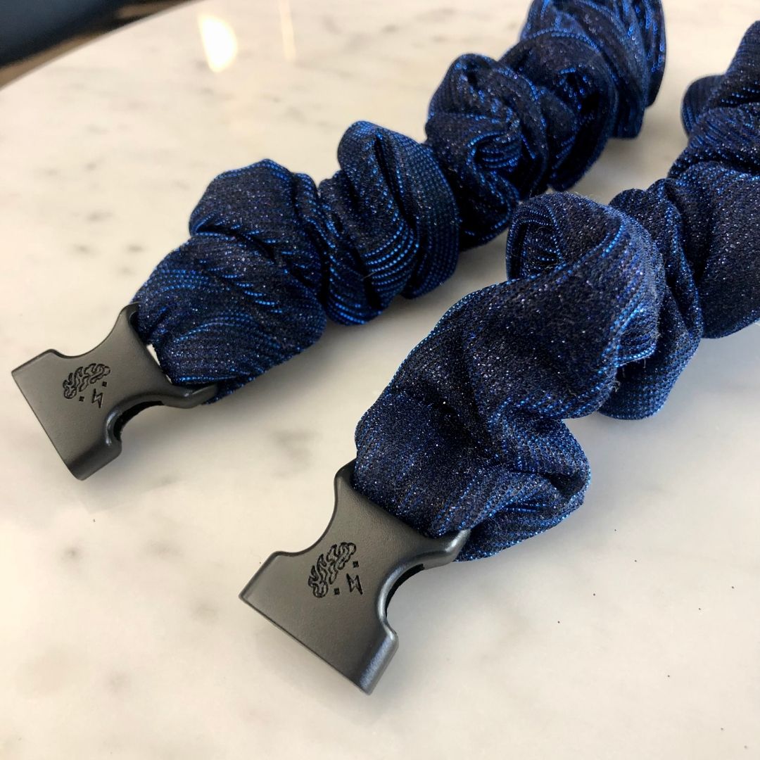 Best hair tie elastics and scrunchie hair accessories for snag-free, pull-free, rip-free, hair. Smooth, effortless hair ties and hair scrunchies for athletes, active moms, fitness, & sports. Starlight Blue Buckle Scrunchie - No Snagging, No Tangles