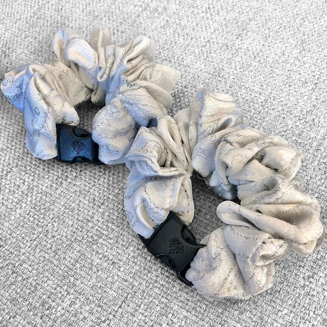 Best hair tie elastics and scrunchie hair accessories for snag-free, pull-free, rip-free, hair. Smooth, effortless hair ties and hair scrunchies for athletes, active moms, fitness, & sports. Angel White Sparkles Buckle Scrunchie - No Snagging, No Tangles