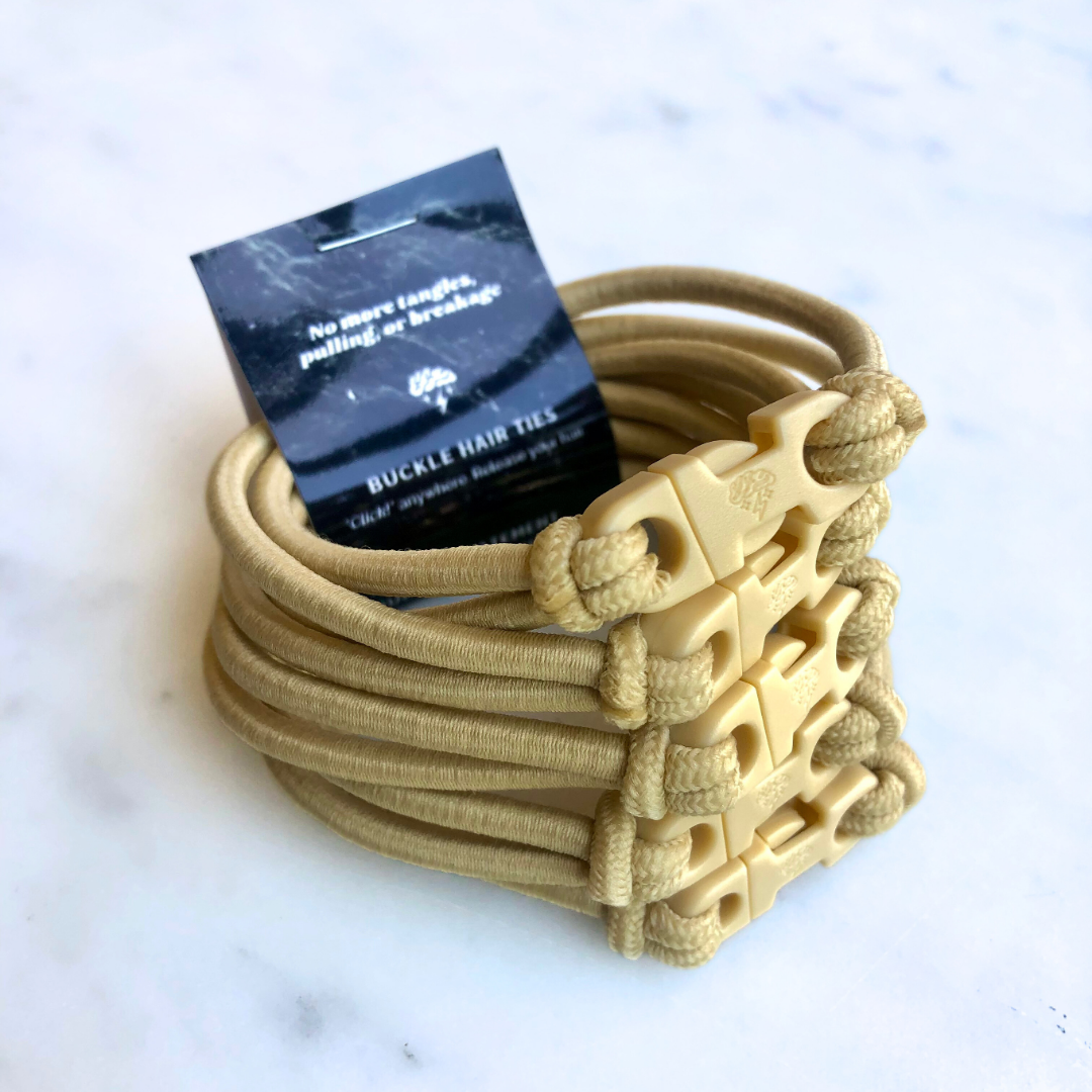 Best hair tie elastics and scrunchie hair accessories for snag-free, pull-free, rip-free, hair. Smooth, effortless hair ties and hair scrunchies for athletes, active moms, fitness, & sports. Buckle Hair Tie Elastics - No Snagging, No Tangles