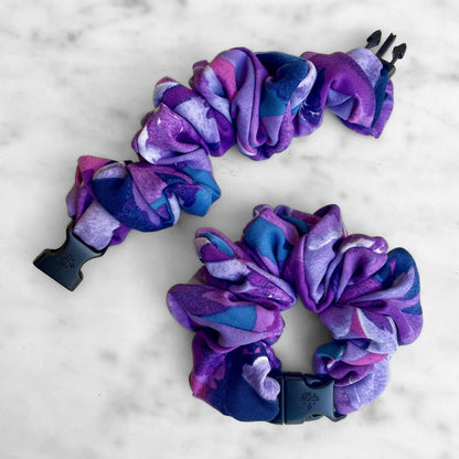 Best zero tangle no pull hair tie elastics and scrunchie hair accessories for snag-free, pull-free, rip-free, hair. Smooth, effortless hair ties and hair scrunchies for athletes, active moms, fitness, & sports. Twilight Garden Purple Floral Buckle Scrunchie - No Snagging, No Tangles Twilight Garden Purple