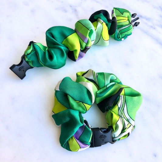 Best hair tie elastics and scrunchie hair accessories for snag-free, pull-free, rip-free, hair. Smooth, effortless hair ties and hair scrunchies for athletes, active moms, fitness, & sports. Lucky Green Buckle Scrunchie - No Snagging, No Tangles Lucky Green
