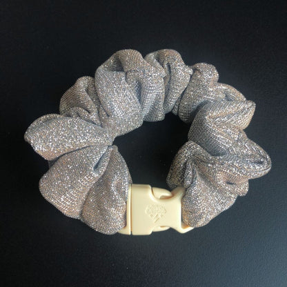Best zero tangle no pull hair tie elastics and scrunchie hair accessories for snag-free, pull-free, rip-free, hair. Smooth, effortless hair ties and hair scrunchies for athletes, active moms, fitness, & sports. Champagne Glitter Buckle Scrunchie - No Snagging, No Tangles