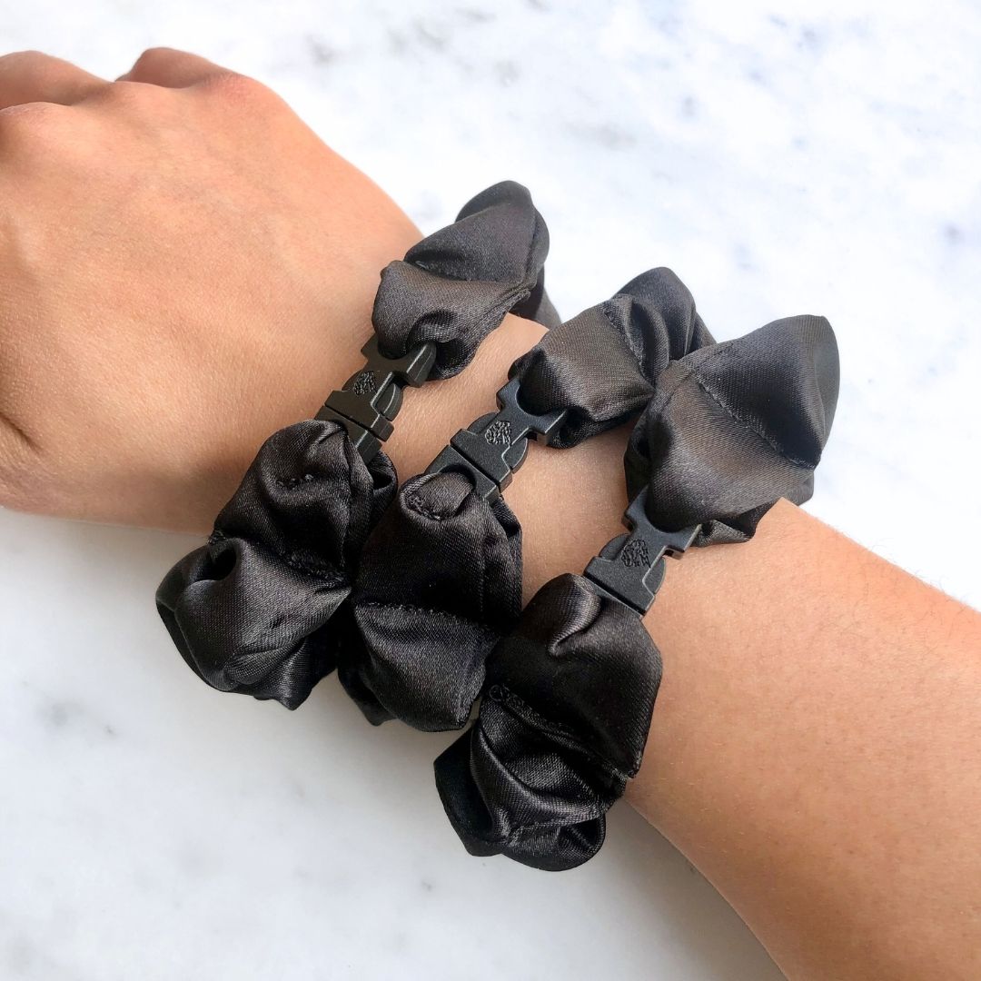 Best hair tie elastics and scrunchie hair accessories for snag-free, pull-free, rip-free, hair. Smooth, effortless hair ties and hair scrunchies for athletes, active moms, fitness, & sports. MINI 3-Pack Neutral Buckle Scrunchies Bundle - No Snagging, No Tangles