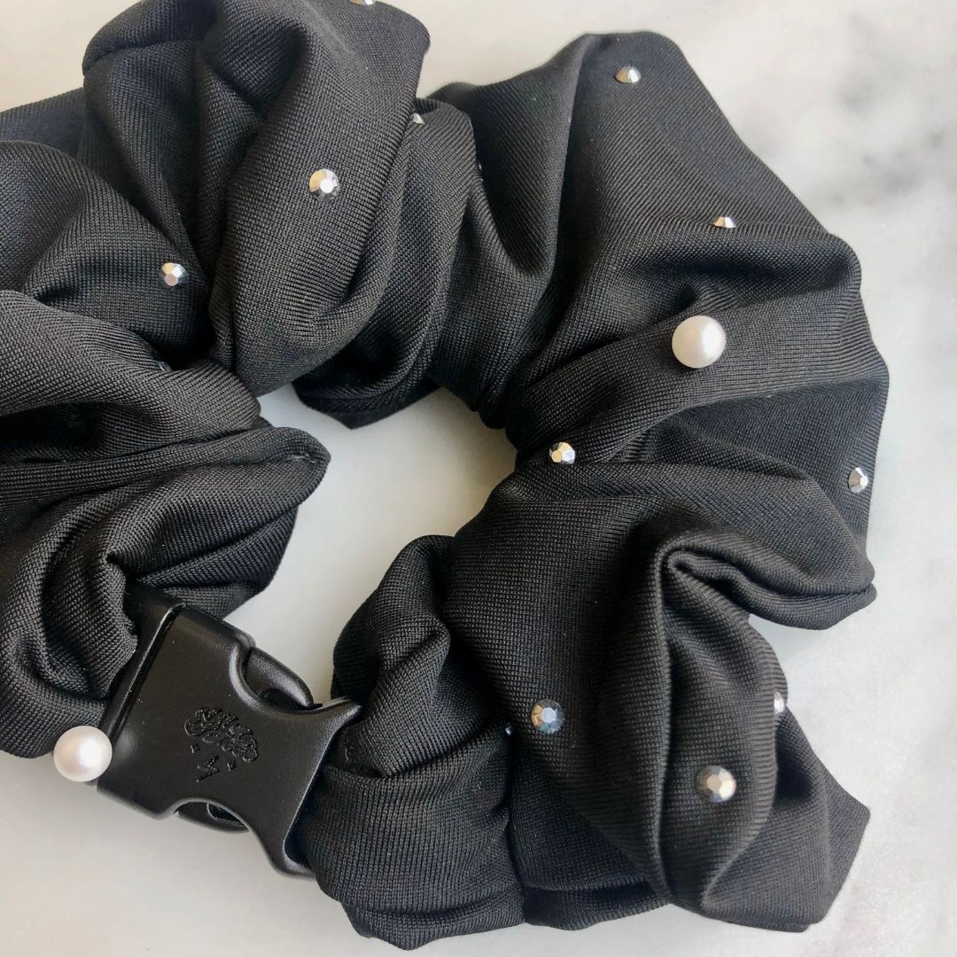 Best hair tie elastics and scrunchie hair accessories for snag-free, pull-free, rip-free, hair. Smooth, effortless hair ties and hair scrunchies for athletes, active moms, fitness, & sports. Studded Goth Black Jumbo Buckle Scrunchie - No Snagging, No Tangles