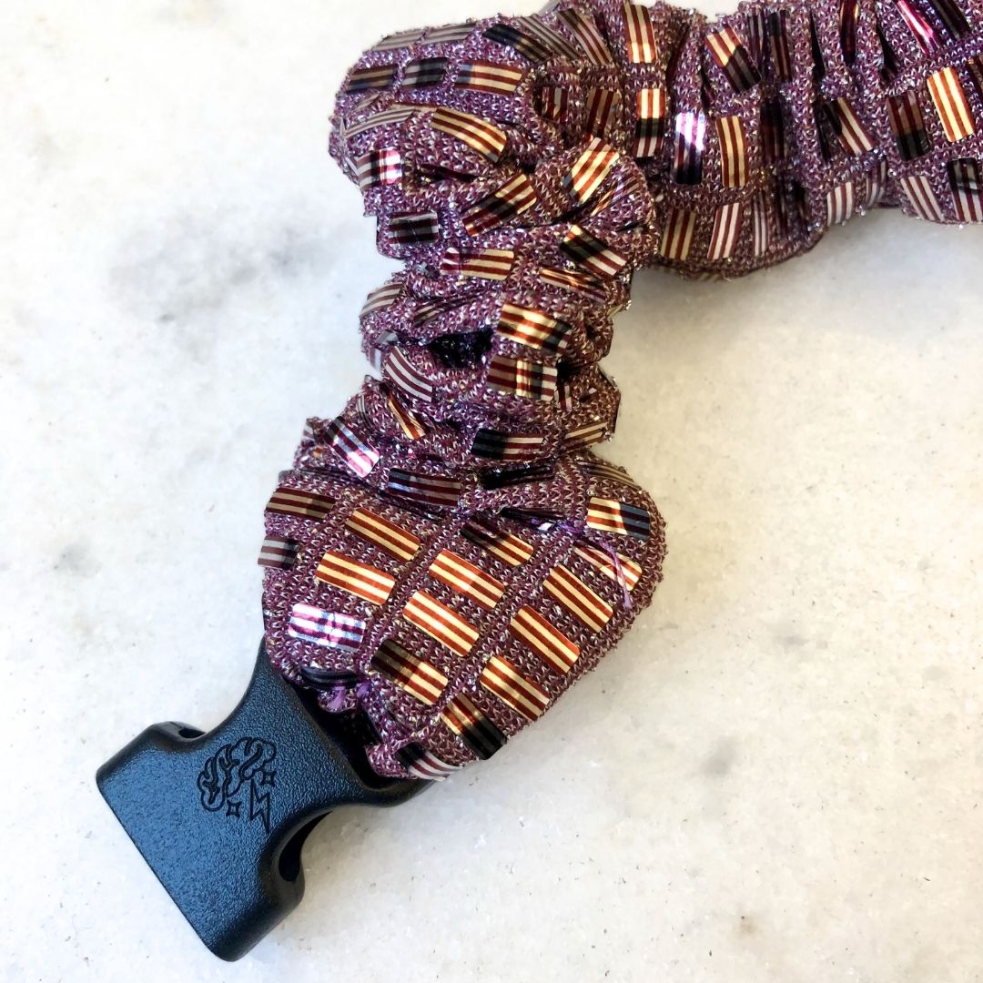 Best hair tie elastics and scrunchie hair accessories for snag-free, pull-free, rip-free, hair. Smooth, effortless hair ties and hair scrunchies for athletes, active moms, fitness, & sports. Disco Mauve Buckle Scrunchie - No Snagging, No Tangles