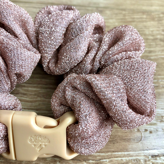 Best hair tie elastics and scrunchie hair accessories for snag-free, pull-free, rip-free, hair. Smooth, effortless hair ties and hair scrunchies for athletes, active moms, fitness, & sports. The Maria Buckle Scrunchie - No Snagging, No Tangles Glitter Pink Blush Recycled Polyblend Standard (1.25 to 1.5 inch thickness)