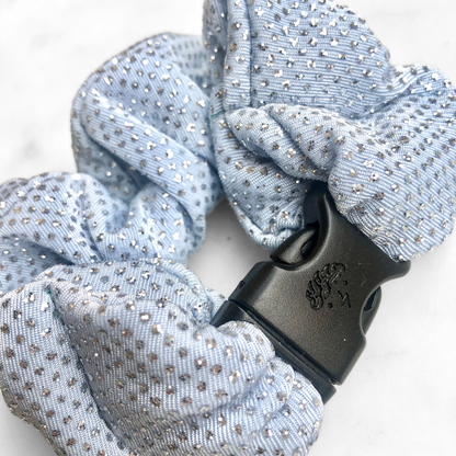 Best zero tangle no pull hair tie elastics and scrunchie hair accessories for snag-free, pull-free, rip-free, hair. Smooth, effortless hair ties and hair scrunchies for athletes, active moms, fitness, & sports. Frozen Blue Sparkles Buckle Scrunchie - No Snagging, No Tangles