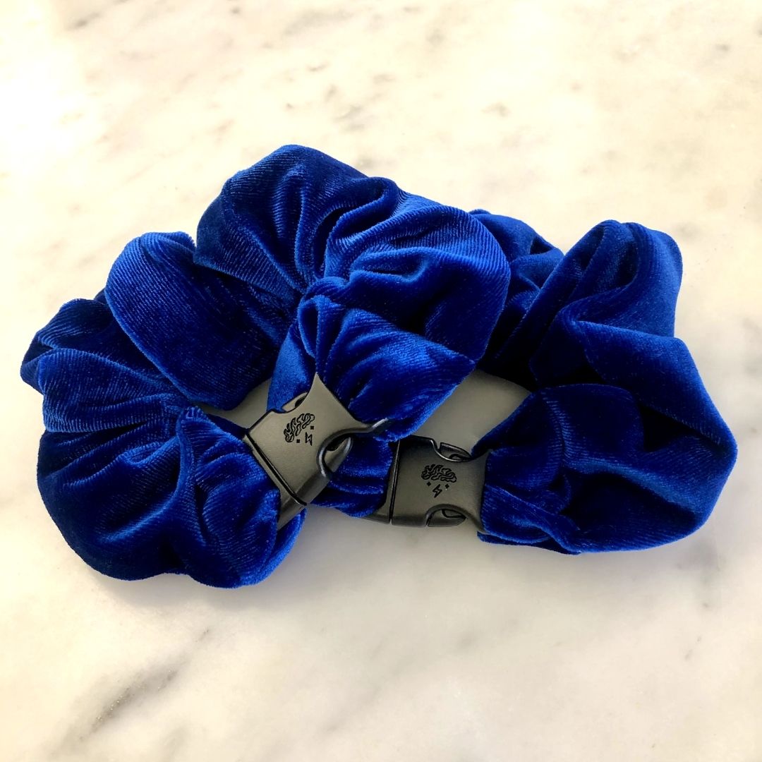 Best hair tie elastics and scrunchie hair accessories for snag-free, pull-free, rip-free, hair. Smooth, effortless hair ties and hair scrunchies for athletes, active moms, fitness, & sports. Sapphire Blue Velvet Buckle Scrunchie - No Snagging, No Tangles