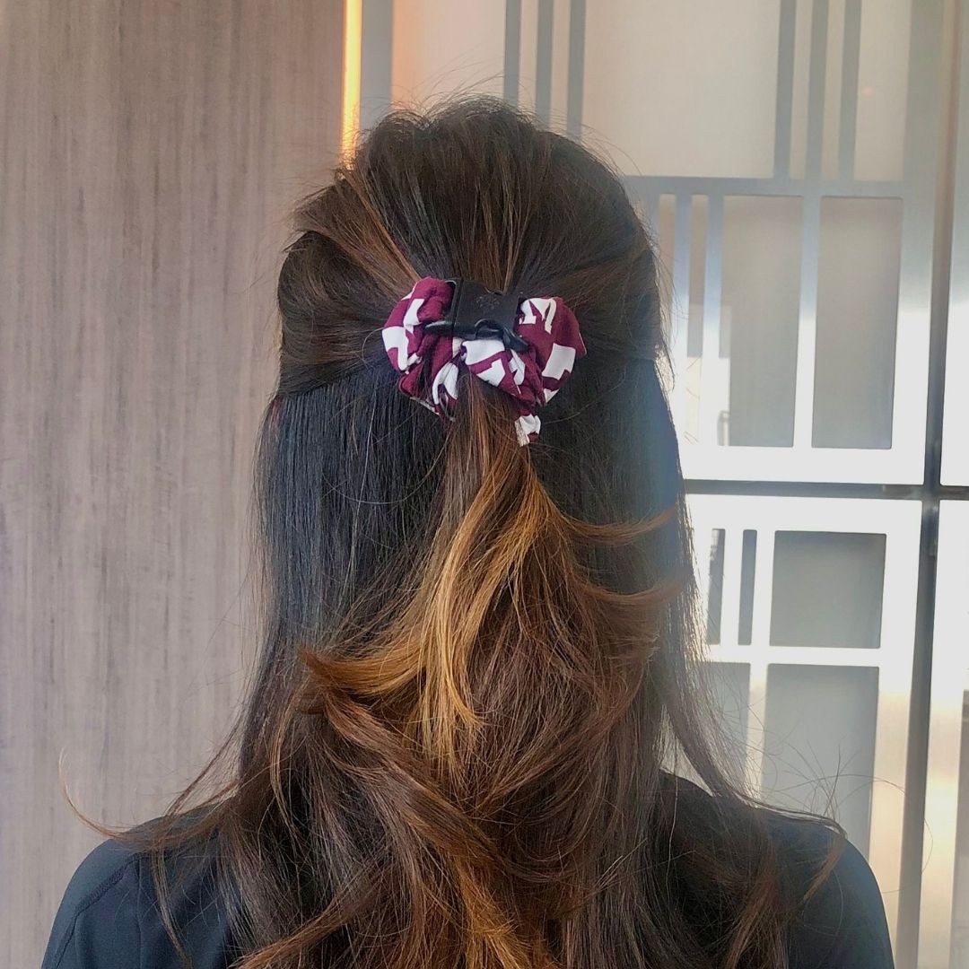 Best hair tie elastics and scrunchie hair accessories for snag-free, pull-free, rip-free, hair. Smooth, effortless hair ties and hair scrunchies for athletes, active moms, fitness, & sports. A&M Aggies Buckle Scrunchie - No Snagging, No Tangles