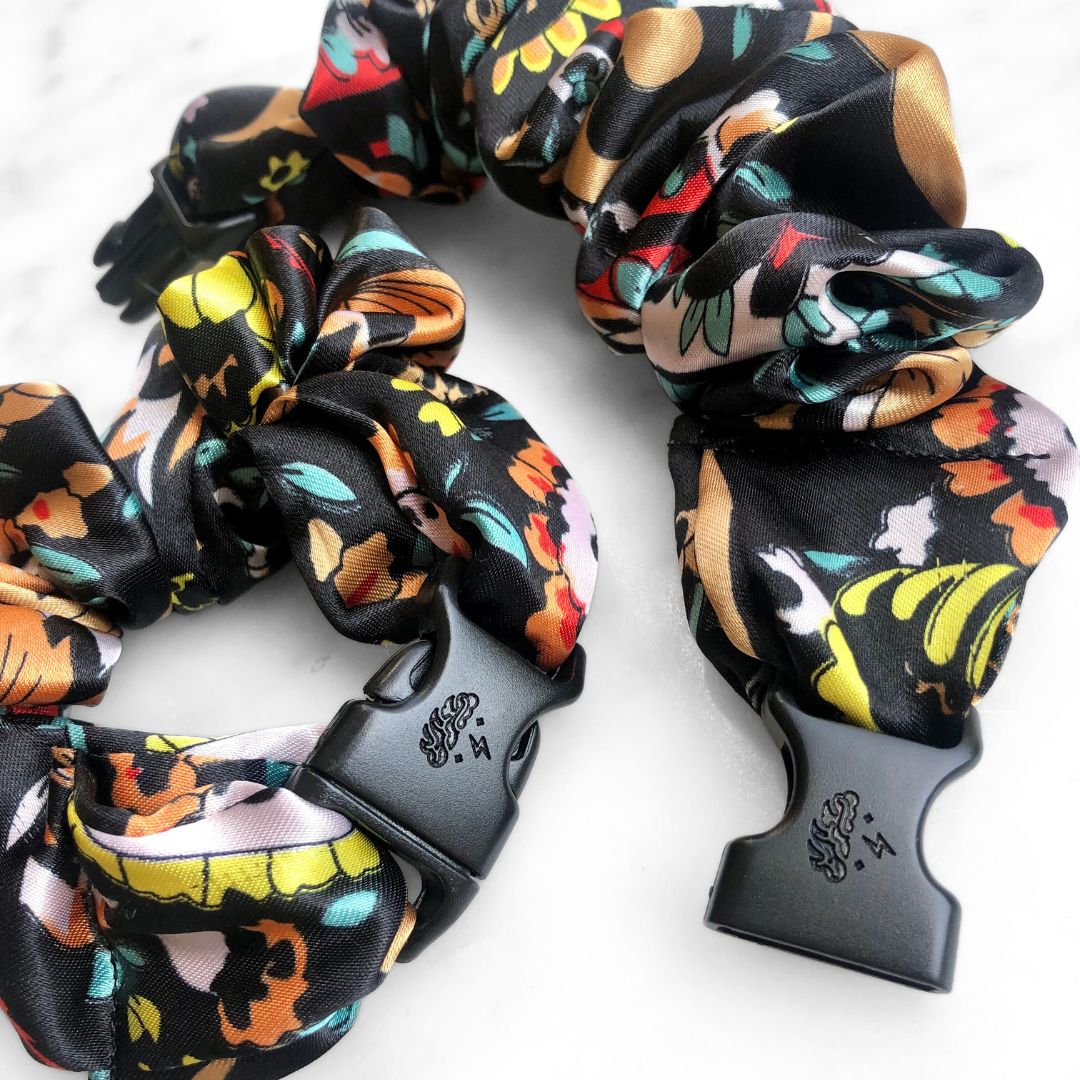 Best hair tie elastics and scrunchie hair accessories for snag-free, pull-free, rip-free, hair. Smooth, effortless hair ties and hair scrunchies for athletes, active moms, fitness, & sports. Mariposa Paisley Buckle Scrunchie - Día de los Muertos, Fall, Halloween - No Snagging, No Tangles