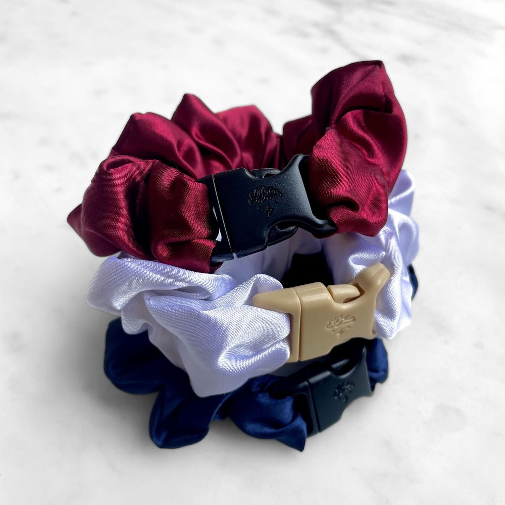 Best zero tangle no pull hair tie elastics and scrunchie hair accessories for snag-free, pull-free, rip-free, hair. Smooth, effortless hair ties and hair scrunchies for athletes, active moms, fitness, & sports. USA Patriotic Red White Blue - 3-Pack Buckle Scrunchies Bundle - No Snagging, No Tangles