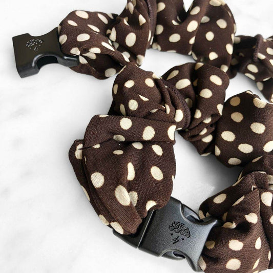 Best hair tie elastics and scrunchie hair accessories for snag-free, pull-free, rip-free, hair. Smooth, effortless hair ties and hair scrunchies for athletes, active moms, fitness, & sports. Chocolate Chip Brown Polka Dots Buckle Scrunchie - No Snagging, No Tangles