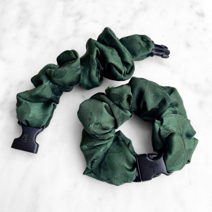 Best zero tangle no pull hair tie elastics and scrunchie hair accessories for snag-free, pull-free, rip-free, hair. Smooth, effortless hair ties and hair scrunchies for athletes, active moms, fitness, & sports. Vine Green Floral Buckle Scrunchie - No Snagging, No Tangles Vine Green Recycled Jacquard Satin