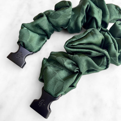 Best zero tangle no pull hair tie elastics and scrunchie hair accessories for snag-free, pull-free, rip-free, hair. Smooth, effortless hair ties and hair scrunchies for athletes, active moms, fitness, & sports. Vine Green Floral Buckle Scrunchie - No Snagging, No Tangles