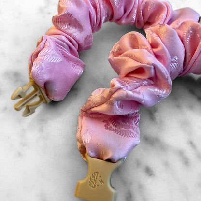 Best zero tangle no pull hair tie elastics and scrunchie hair accessories for snag-free, pull-free, rip-free, hair. Smooth, effortless hair ties and hair scrunchies for athletes, active moms, fitness, & sports. Empress Pink Buckle Scrunchie - Lunar New Year Áo Dài - No Snagging, No Tangles