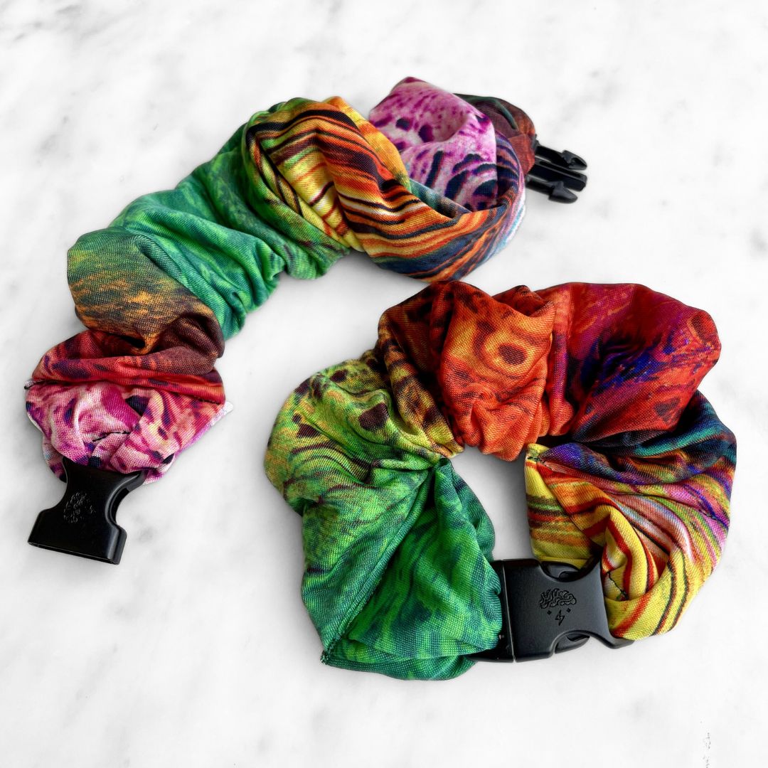 Best zero tangle no pull hair tie elastics and scrunchie hair accessories for snag-free, pull-free, rip-free, hair. Smooth, effortless hair ties and hair scrunchies for athletes, active moms, fitness, & sports. Heatmap Jungle Jumbo Buckle Scrunchie - No Snagging, No Tangles Heatmap Jungle Recycled Polyblend