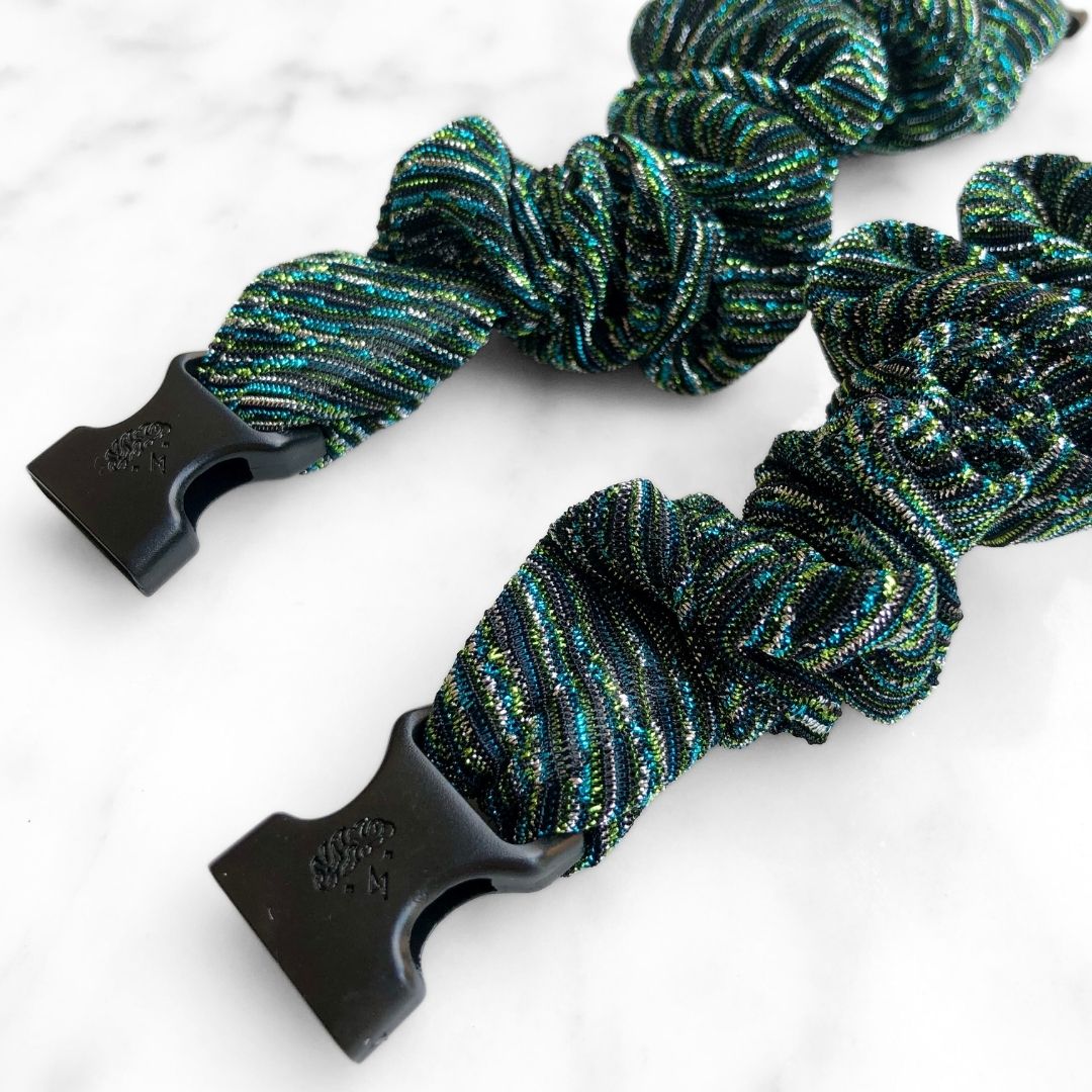 Best hair tie elastics and scrunchie hair accessories for snag-free, pull-free, rip-free, hair. Smooth, effortless hair ties and hair scrunchies for athletes, active moms, fitness, & sports. Peacock Stripes Buckle Scrunchie - No Snagging, No Tangles