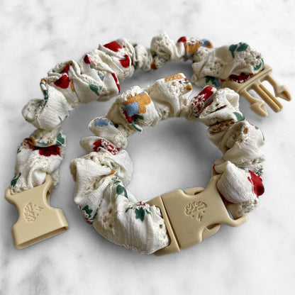Best zero tangle no pull hair tie elastics and scrunchie hair accessories for snag-free, pull-free, rip-free, hair. Smooth, effortless hair ties and hair scrunchies for athletes, active moms, fitness, & sports. Poppy Oat MINI Buckle Scrunchie - No Snagging, No Tangles