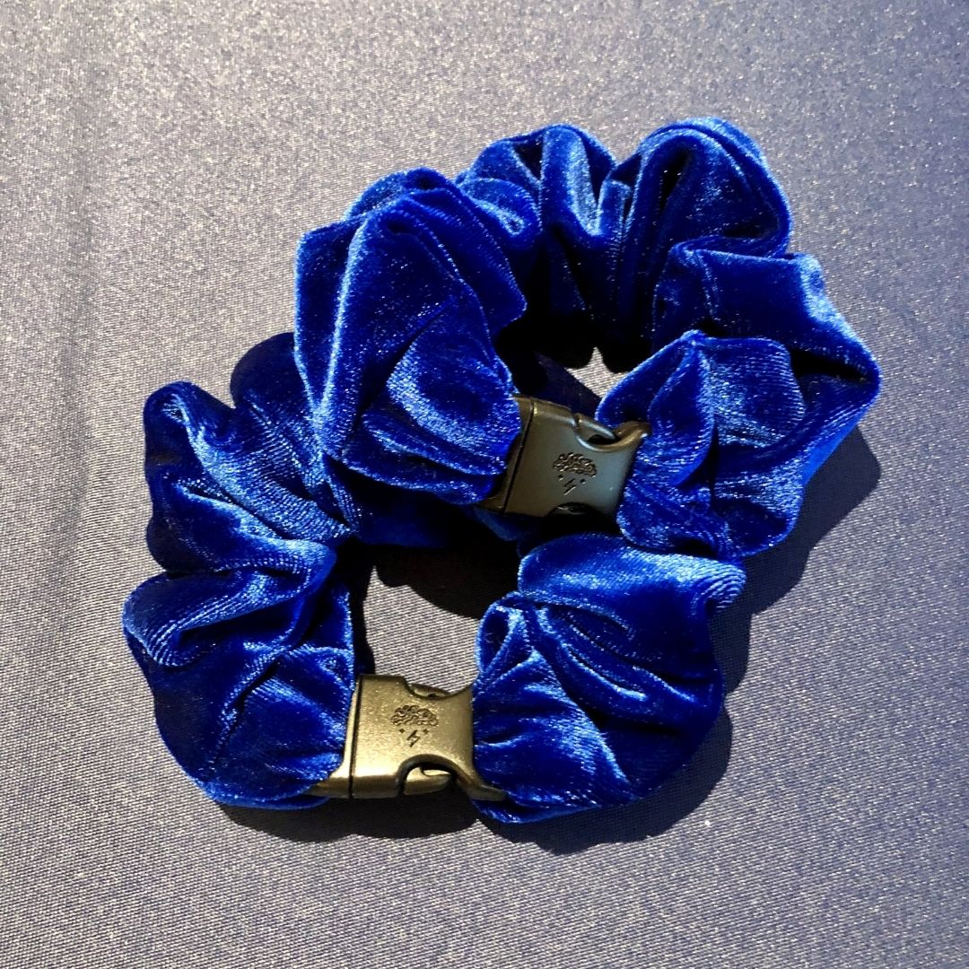 Best hair tie elastics and scrunchie hair accessories for snag-free, pull-free, rip-free, hair. Smooth, effortless hair ties and hair scrunchies for athletes, active moms, fitness, & sports. Sapphire Blue Velvet Buckle Scrunchie - No Snagging, No Tangles