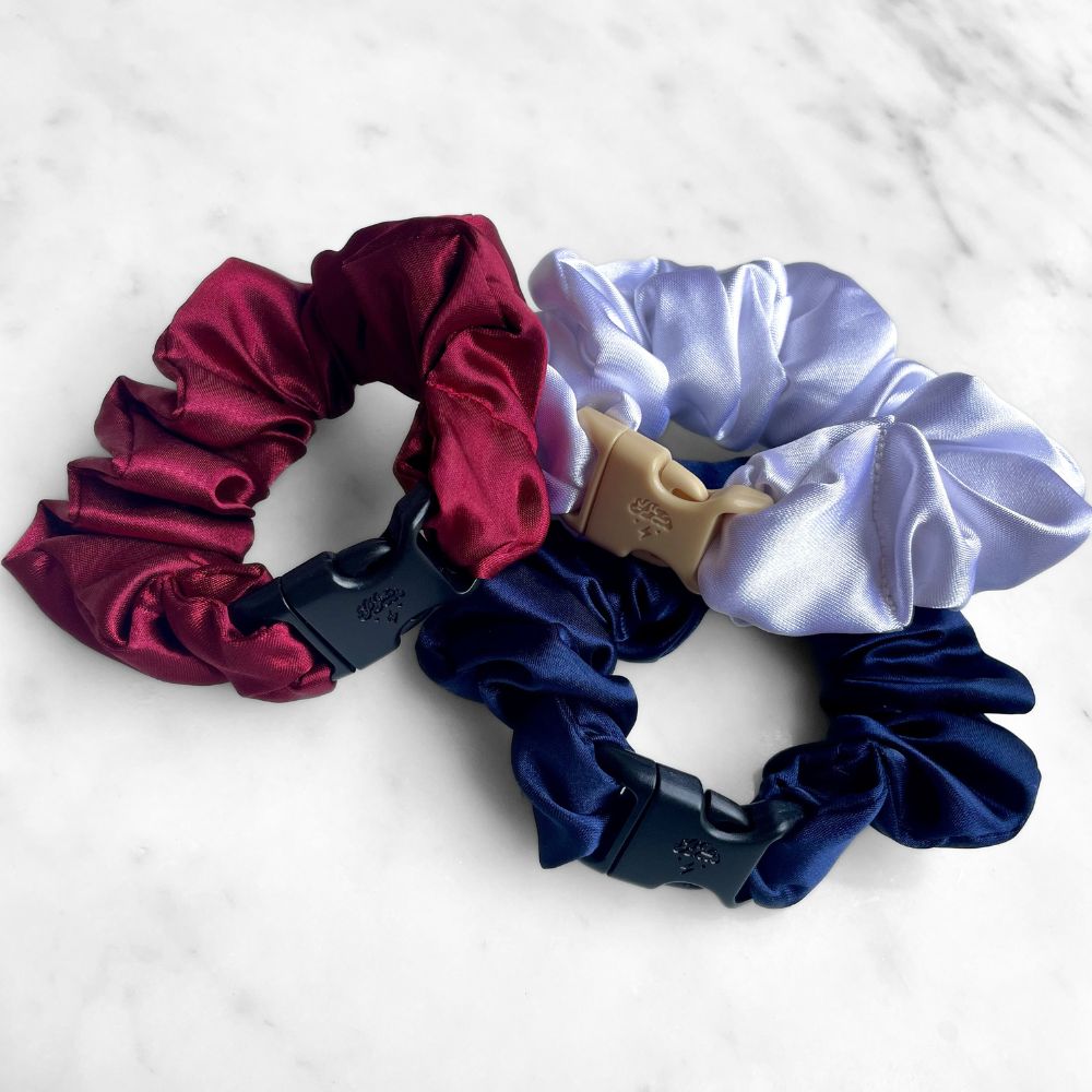 Best zero tangle no pull hair tie elastics and scrunchie hair accessories for snag-free, pull-free, rip-free, hair. Smooth, effortless hair ties and hair scrunchies for athletes, active moms, fitness, & sports. USA Patriotic Red White Blue - 3-Pack Buckle Scrunchies Bundle - No Snagging, No Tangles