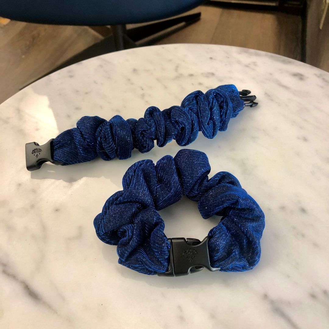 Best hair tie elastics and scrunchie hair accessories for snag-free, pull-free, rip-free, hair. Smooth, effortless hair ties and hair scrunchies for athletes, active moms, fitness, & sports. Starlight Blue Buckle Scrunchie - No Snagging, No Tangles
